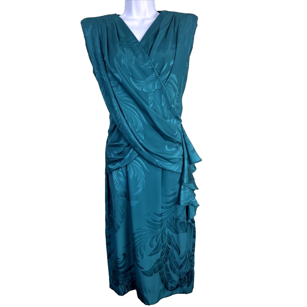 Lola Collections‎ Dress Womens 4 Teal Jacquard Leaf Draped Open Back Ruffle 80s